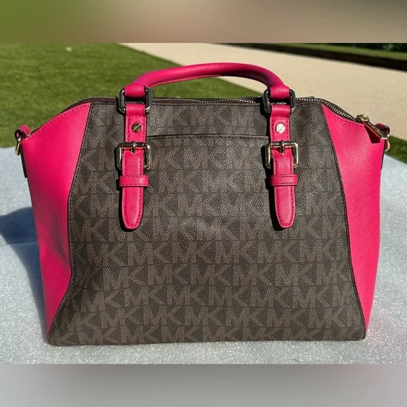 Michael Kors Ciara Large Satchel – Signature Logo Canvas & Hot Pink Leather - Picture 2 of 14